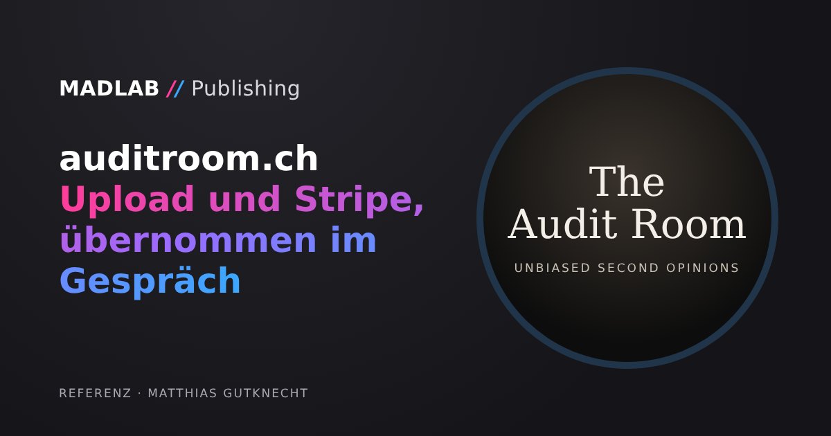 Der Schriftzug The Audit Room neben dem Titel «auditroom.ch: Upload und Stripe, übernommen im Gespräch»