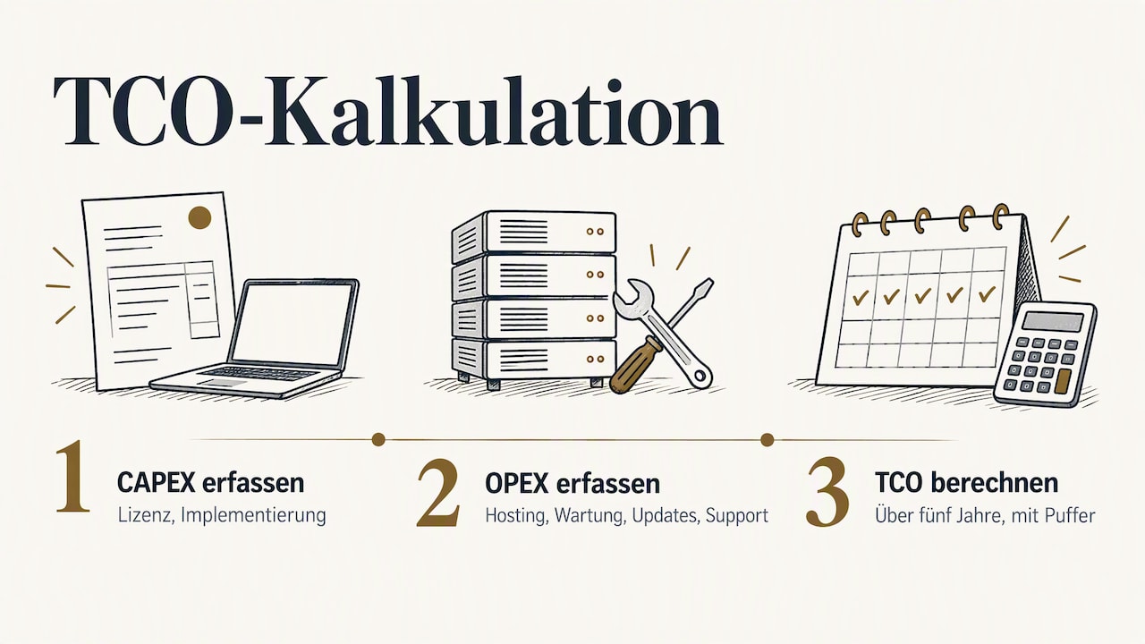 TCO-Kalkulation in drei Schritten: CAPEX erfassen, OPEX erfassen, TCO über fünf Jahre mit Puffer berechnen