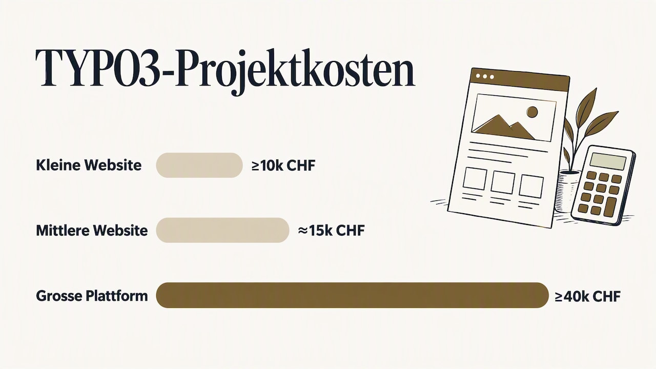 Balkendiagramm der TYPO3-Projektkosten: kleine Website ab 10'000, mittlere rund 15'000, grosse Plattform ab 40'000 Franken