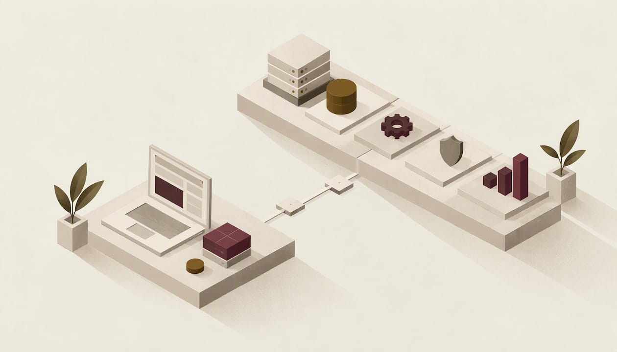 Isometrische Illustration: ein Laptop auf einer Ebene, verbunden mit einer zweiten Ebene mit Server, Datenbank, Zahnrad, Schild und Balkendiagramm