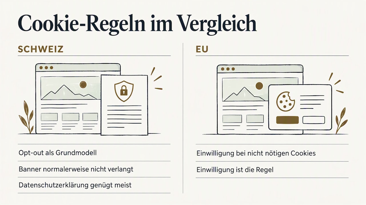 Cookie-Regeln im Vergleich: In der Schweiz ist Opt-out das Grundmodell, ein Banner wird normalerweise nicht verlangt und die Datenschutzerklärung genügt meist. In der EU ist die Einwilligung bei nicht nötigen Cookies die Regel