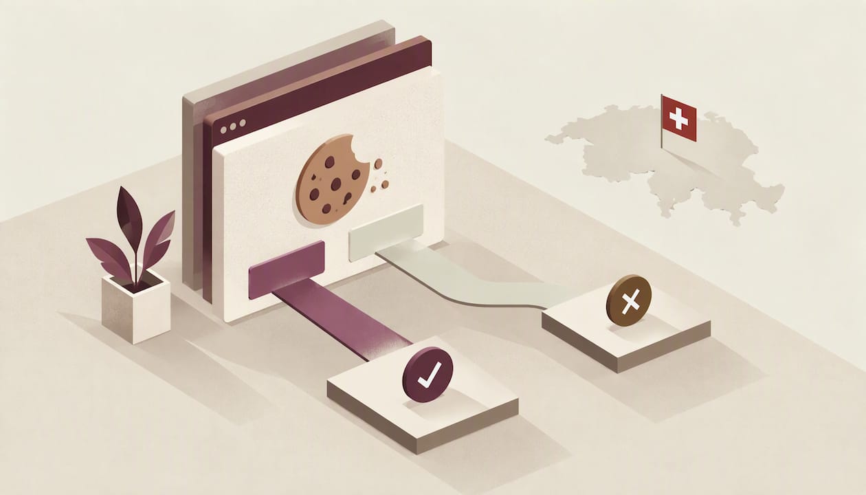 Isometrische Illustration: Ein Browserfenster mit einem Cookie und zwei Wegen zu einem Häkchen und einem Kreuz, im Hintergrund eine Schweizer Karte mit Fahne