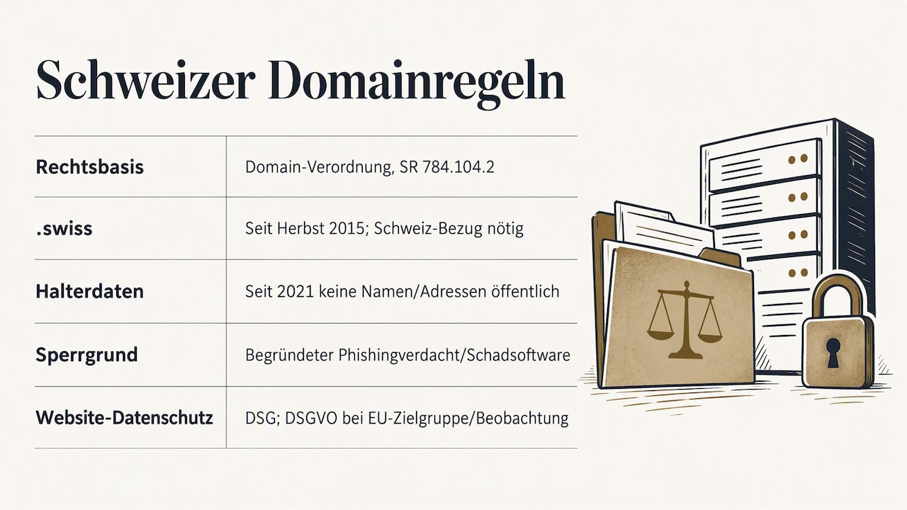 Tabelle «Schweizer Domainregeln»: Rechtsbasis SR 784.104.2, .swiss seit Herbst 2015, Halterdaten seit 2021 nicht öffentlich, Sperre bei begründetem Verdacht auf Phishing oder Schadsoftware, Datenschutz nach DSG