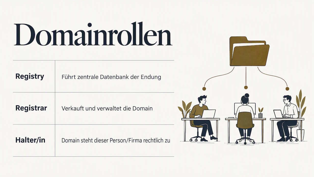 Tabelle «Domainrollen»: Registry führt die zentrale Datenbank der Endung, Registrar verkauft und verwaltet die Domain, Halter ist die Person oder Firma, der die Domain zusteht