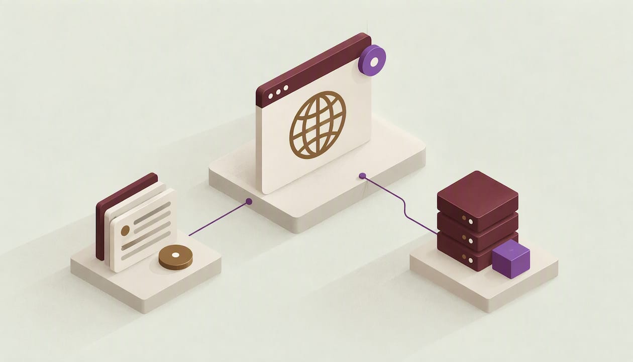 Isometrische Illustration: ein Browserfenster mit Globus in der Mitte, verbunden mit einem Stapel Dokumente und einem Server