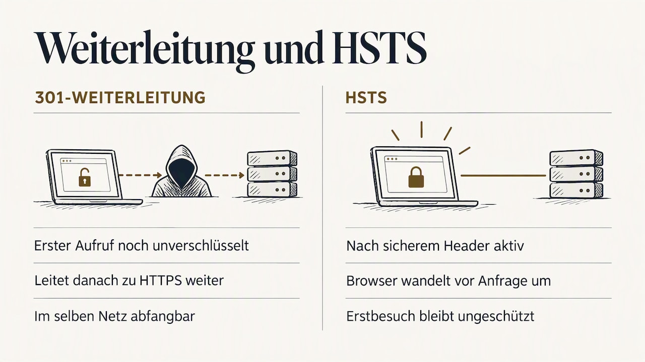 Vergleich «Weiterleitung und HSTS»: Bei einer 301-Weiterleitung ist der erste Aufruf unverschlüsselt und im selben Netz abfangbar. Mit HSTS wandelt der Browser die Anfrage selbst um, nur der allererste Besuch bleibt ungeschützt
