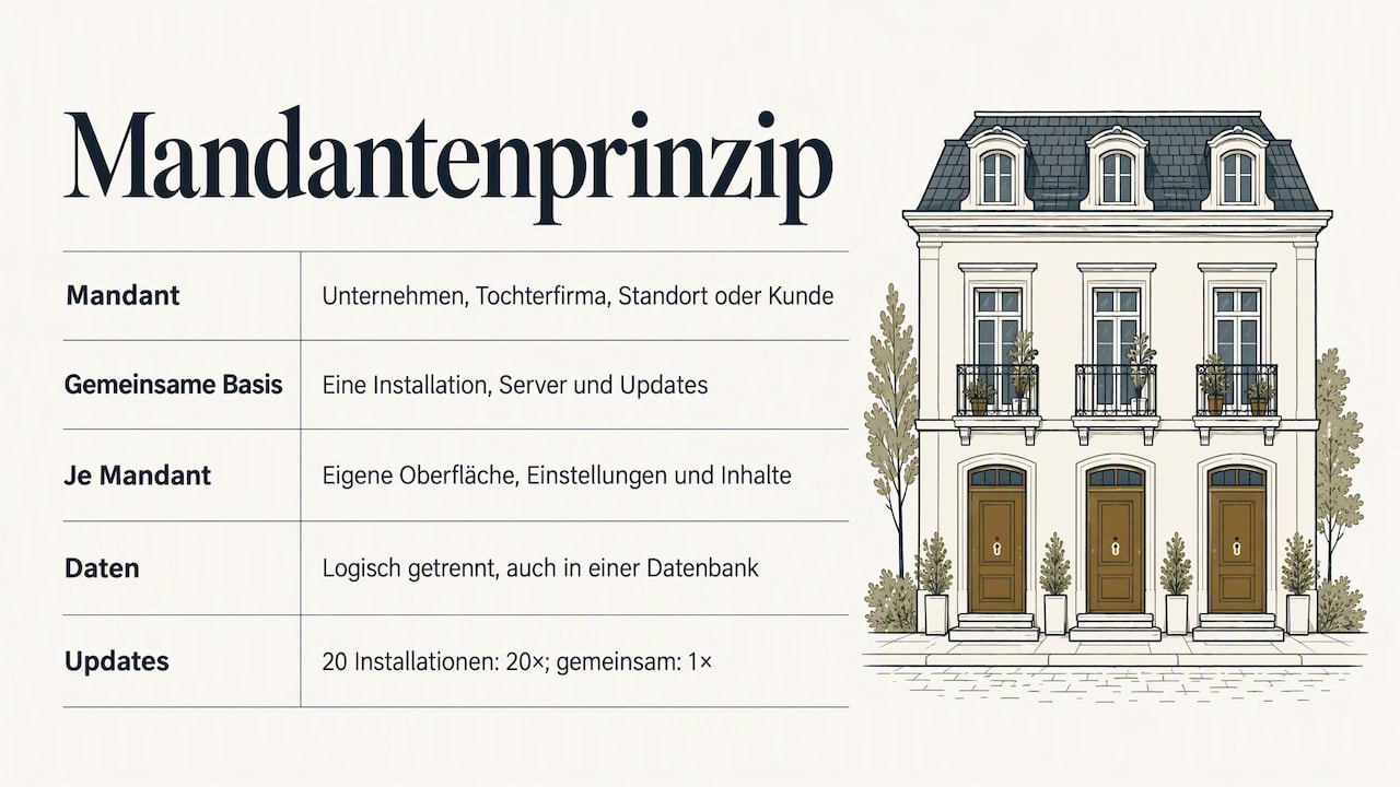 Das Mandantenprinzip als Tabelle neben einem Haus mit drei Eingängen: Mandant, gemeinsame Basis, eigene Inhalte je Mandant, logisch getrennte Daten und Updates einmal statt zwanzigmal