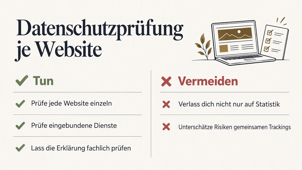 Datenschutzprüfung je Website: Jede Website einzeln prüfen, eingebundene Dienste prüfen und die Erklärung fachlich prüfen lassen. Vermeiden: sich nur auf die Statistik verlassen und die Risiken gemeinsamen Trackings unterschätzen
