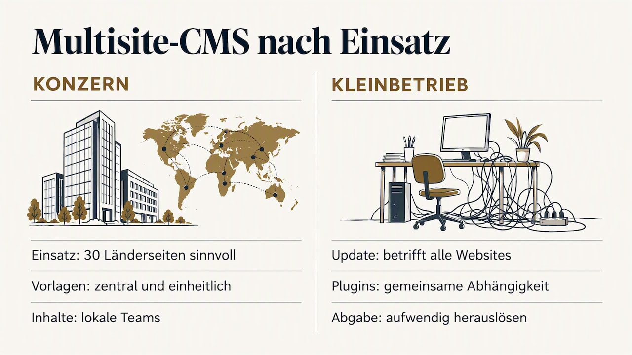 Multisite-CMS nach Einsatz: Für einen Konzern mit dreissig Länderseiten, zentralen Vorlagen und lokalen Teams sinnvoll. Im Kleinbetrieb betrifft ein Update alle Websites, Plugins werden zur gemeinsamen Abhängigkeit und die Abgabe einer Website ist aufwendig