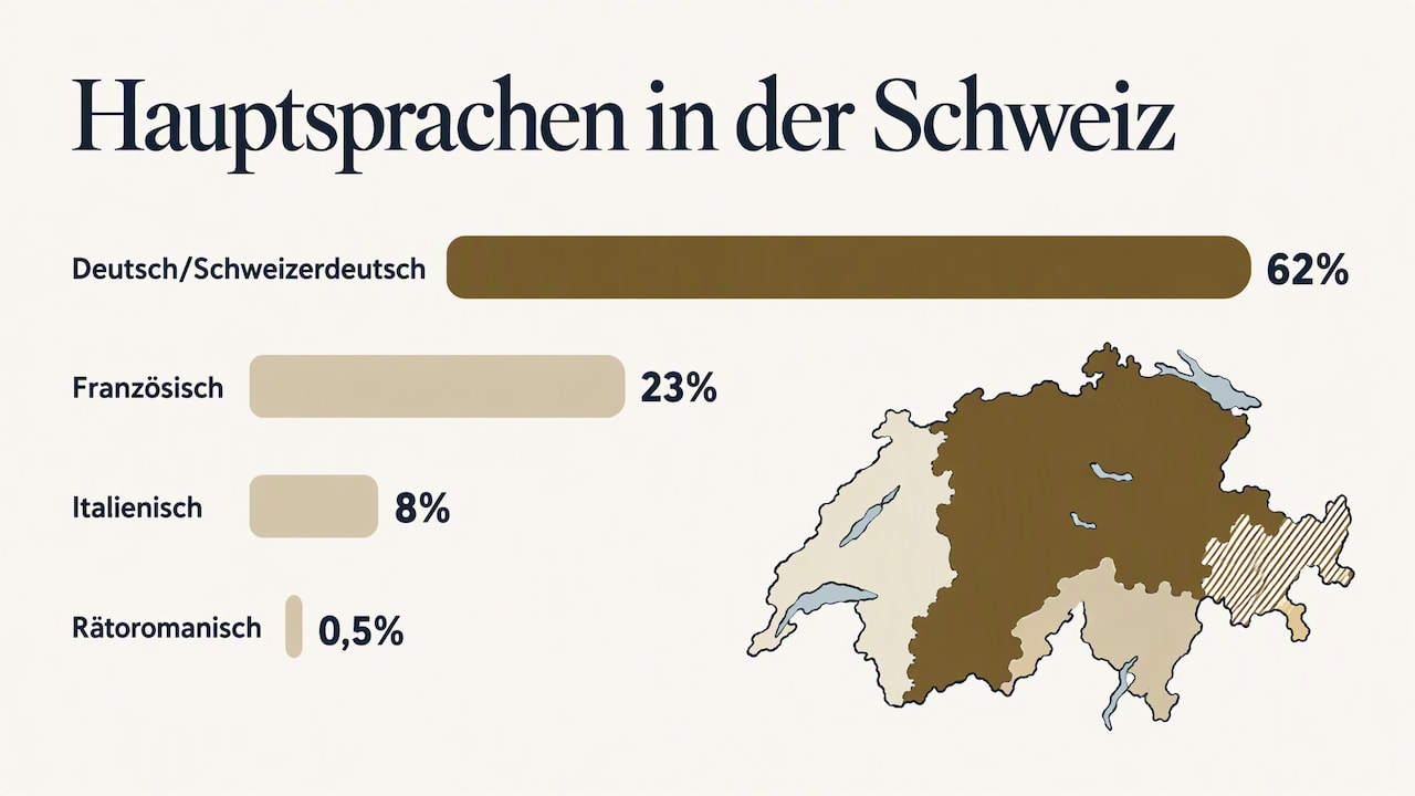 Hauptsprachen in der Schweiz: Deutsch oder Schweizerdeutsch 62 Prozent, Französisch 23 Prozent, Italienisch 8 Prozent, Rätoromanisch 0,5 Prozent