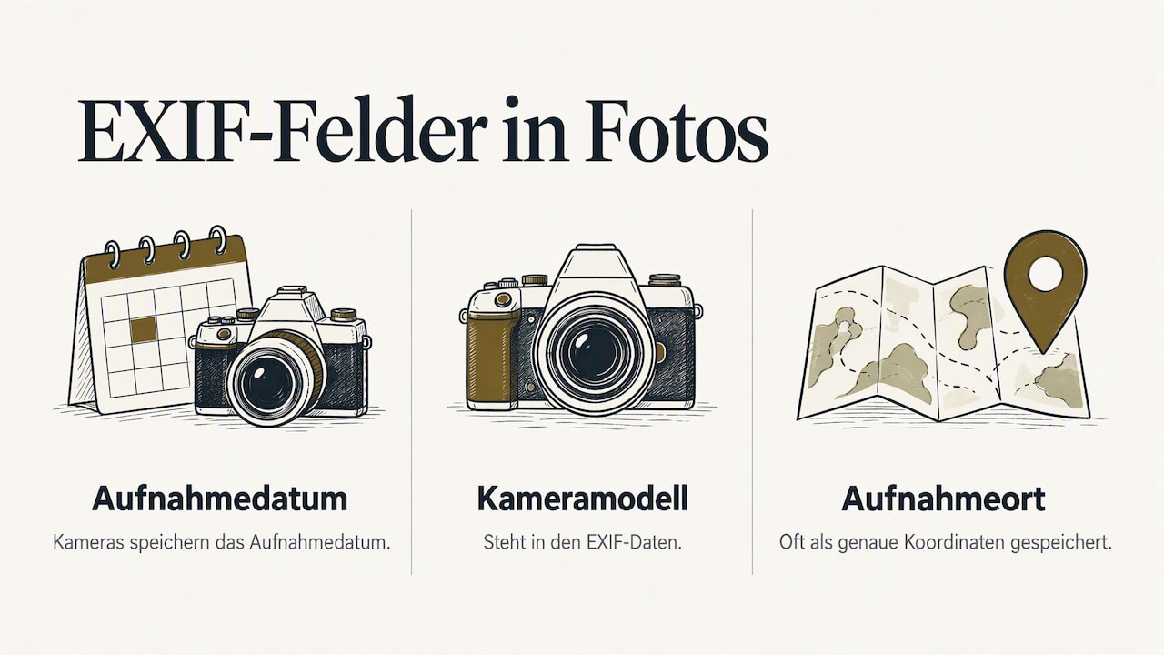 EXIF-Felder in Fotos: Aufnahmedatum, Kameramodell und Aufnahmeort, oft als genaue Koordinaten gespeichert