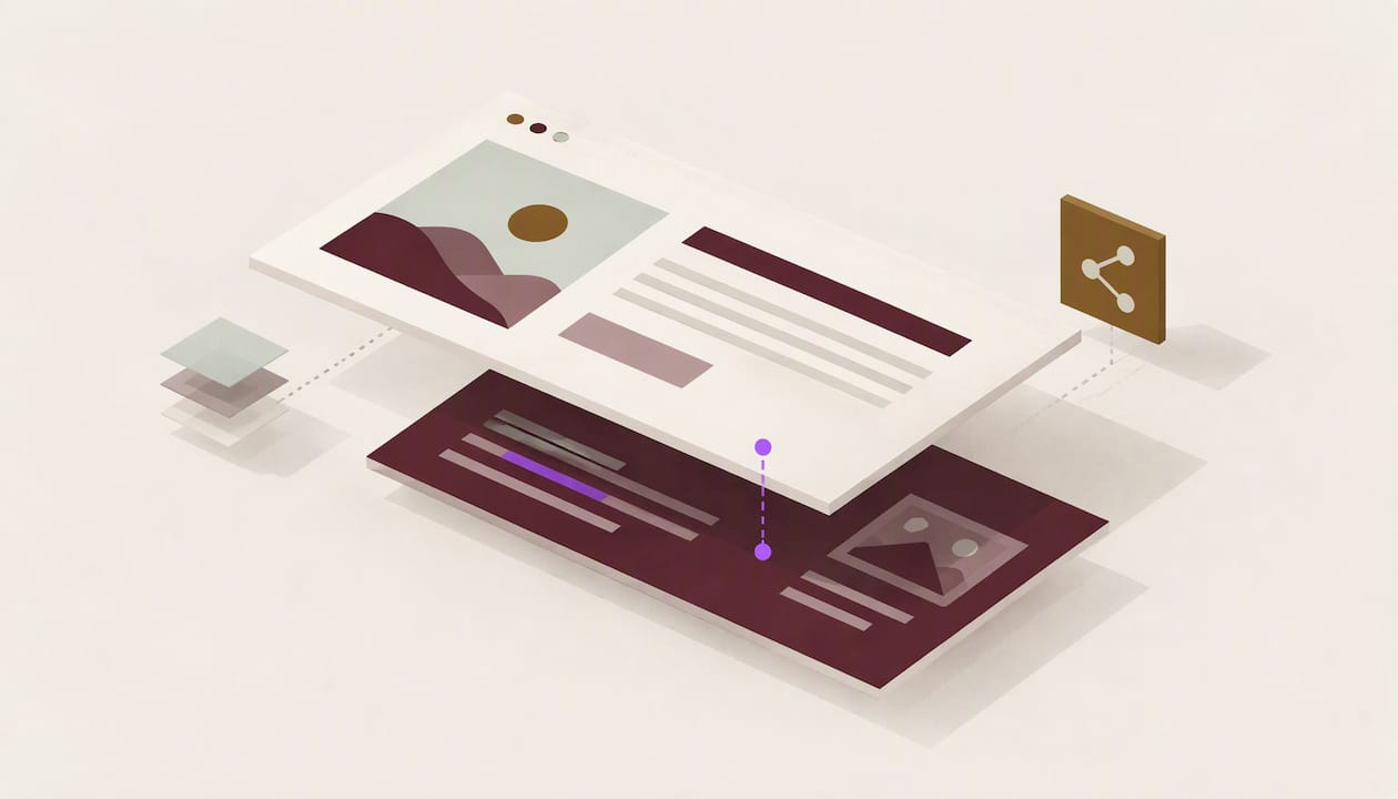 Isometrische Illustration: Über einer dunklen Ebene mit Textzeilen schwebt eine helle Webseite, daneben ein Symbol zum Teilen