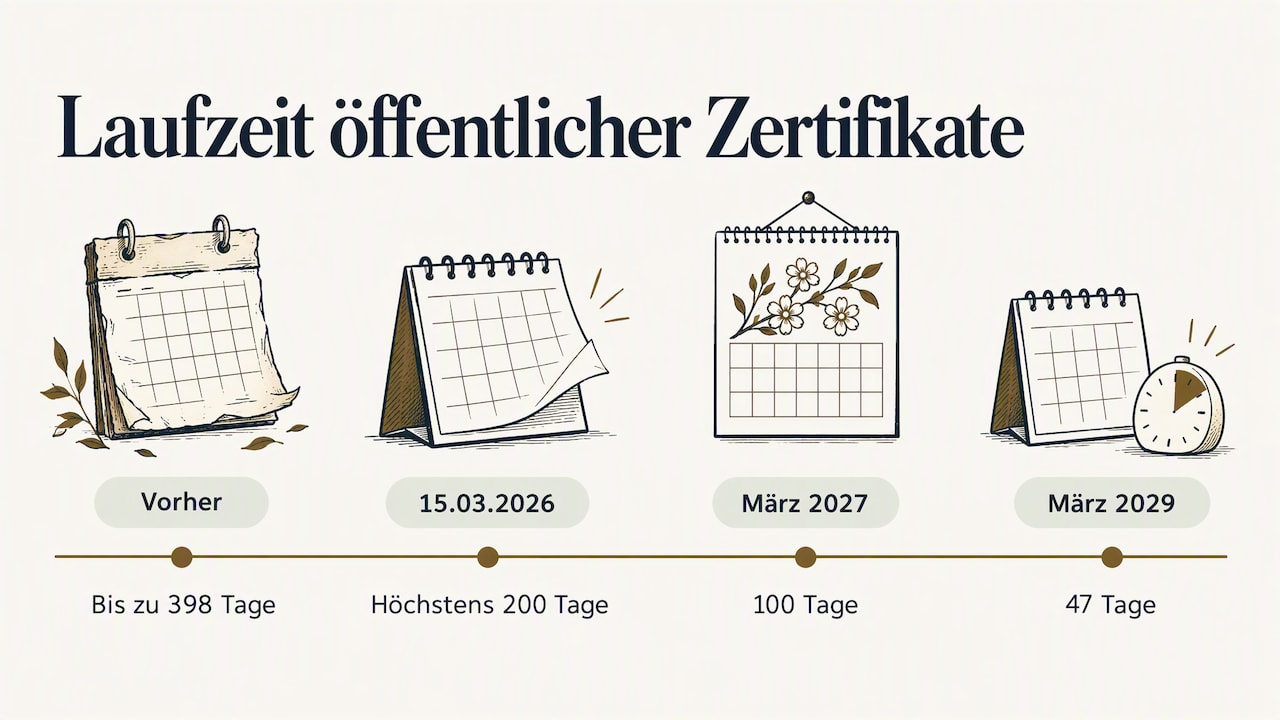 Laufzeit öffentlicher Zertifikate: vorher bis zu 398 Tage, ab 15. März 2026 höchstens 200 Tage, ab März 2027 100 Tage, ab März 2029 47 Tage