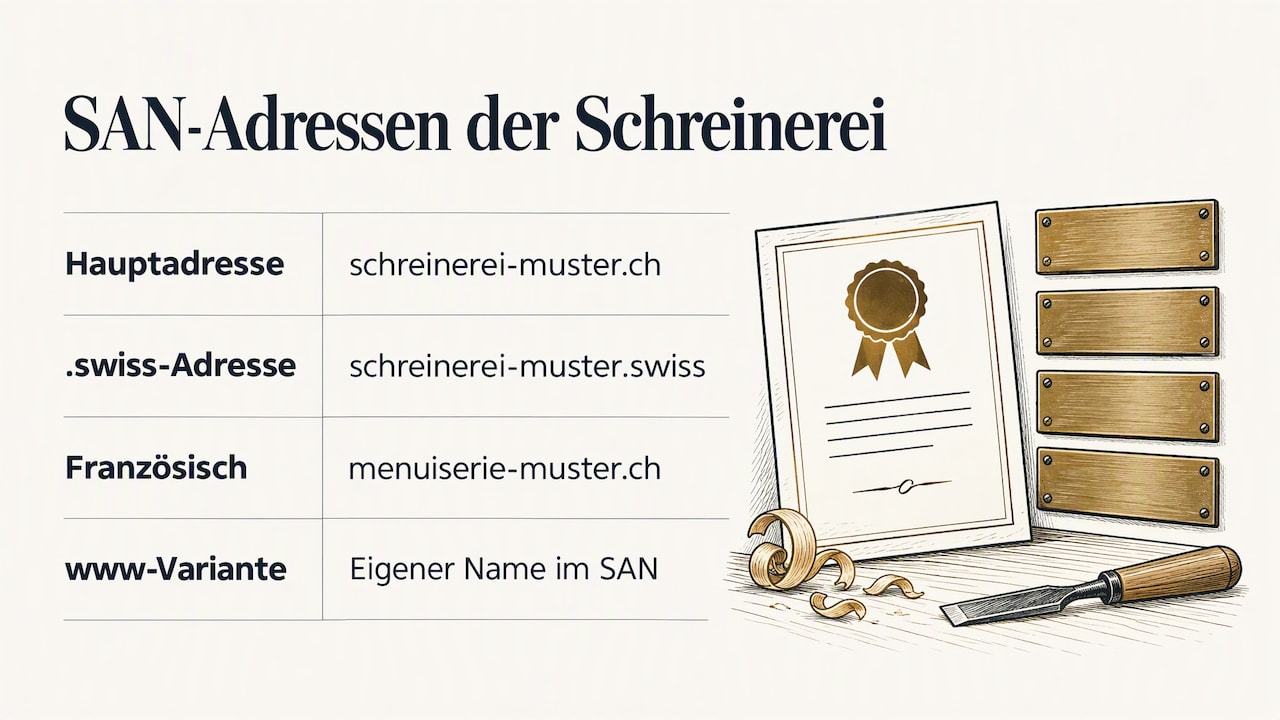 SAN-Adressen der Schreinerei: Hauptadresse schreinerei-muster.ch, .swiss-Adresse schreinerei-muster.swiss, französisch menuiserie-muster.ch, und die www-Variante als eigener Name im SAN