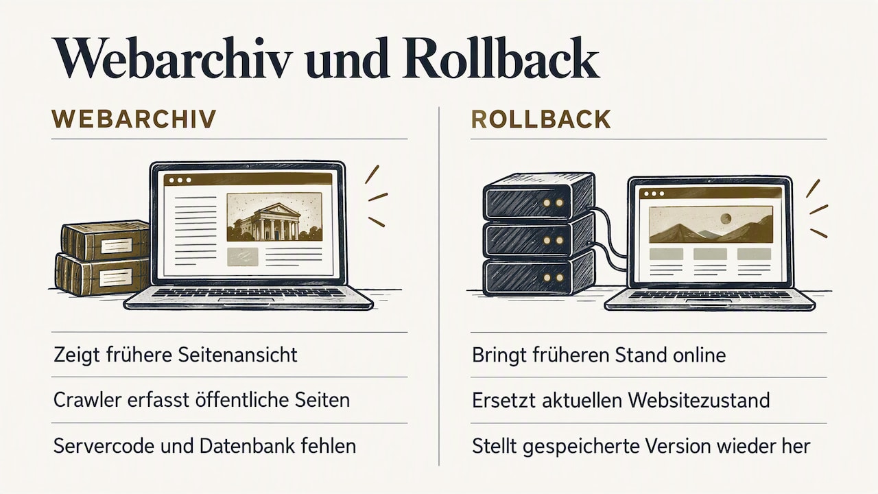 Gegenüberstellung Webarchiv und Rollback: Das Webarchiv zeigt frühere Seitenansichten ohne Servercode und Datenbank, ein Rollback bringt einen gespeicherten Stand wieder online