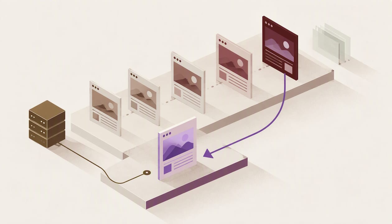 Isometrische Illustration: eine Reihe gespeicherter Website-Fassungen, ein Pfeil holt eine frühere Fassung nach vorne zurück