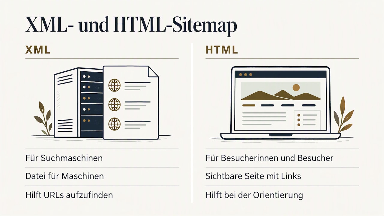 XML- und HTML-Sitemap im Vergleich: Die XML-Sitemap ist eine Datei für Suchmaschinen und hilft, Adressen zu finden. Die HTML-Sitemap ist eine sichtbare Seite mit Links für Besucherinnen und Besucher und hilft bei der Orientierung
