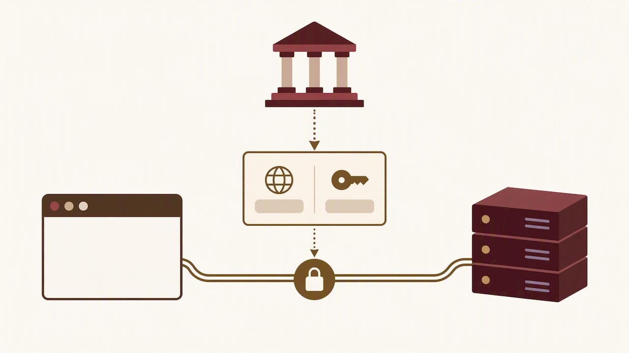 Ein Browserfenster und ein Server sind über eine Leitung mit Schloss verbunden. Darüber stellt eine Zertifizierungsstelle das Zertifikat mit Domain und Schlüssel aus