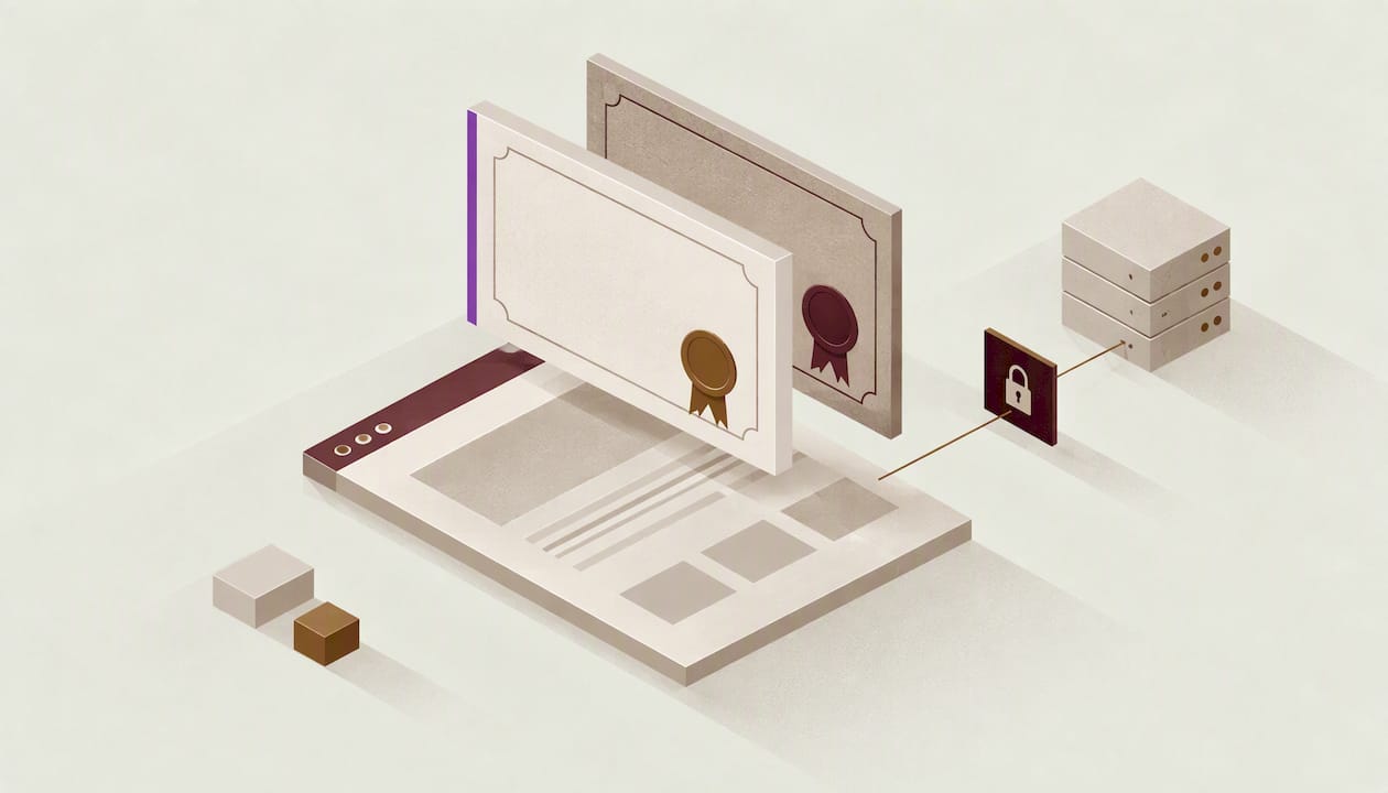 Isometrische Illustration: zwei Zertifikate mit Siegel über einem Browserfenster, verbunden über ein Schloss mit einem Server