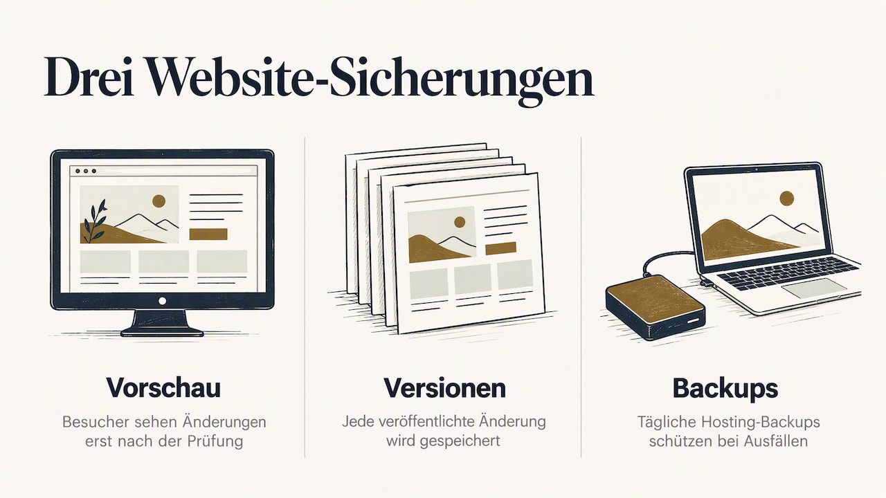 Drei Sicherungen für eine Website: Vorschau, gespeicherte Versionen und Backups, gezeichnet als Bildschirm, Stapel von Seiten und Laptop mit externer Festplatte