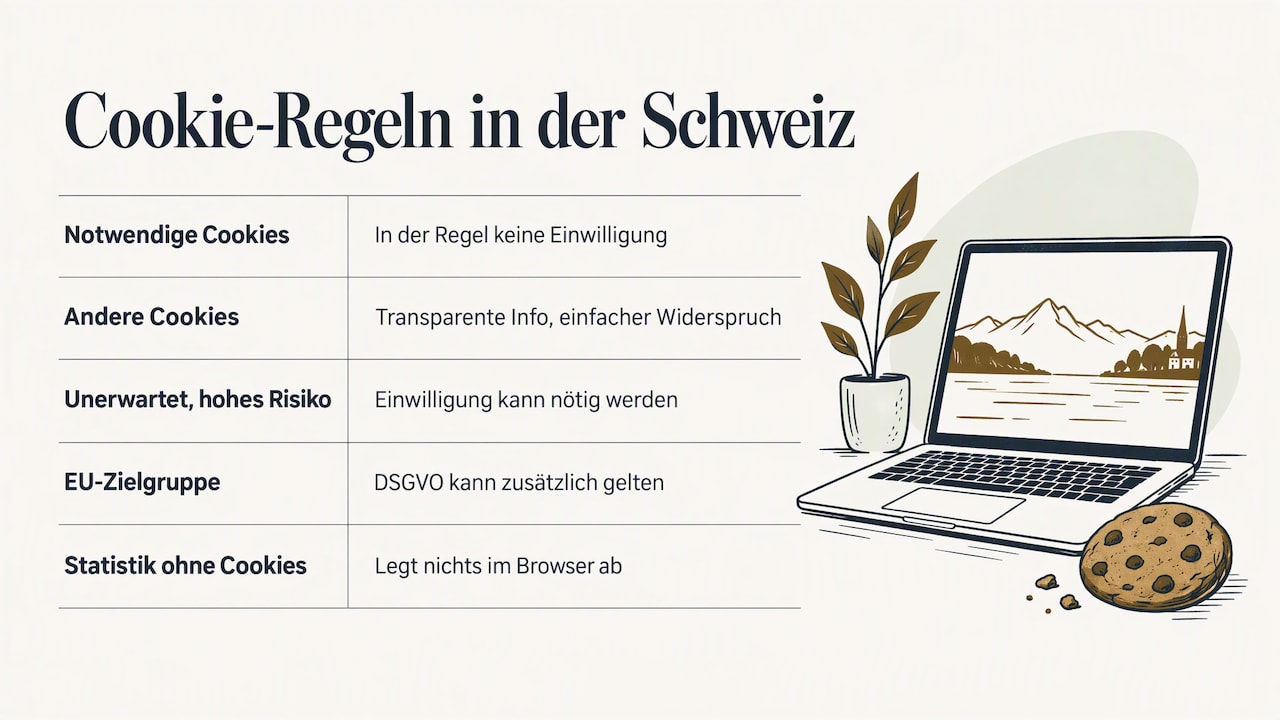 Cookie-Regeln in der Schweiz: Notwendige Cookies brauchen in der Regel keine Einwilligung. Andere Cookies verlangen transparente Information und einen einfachen Widerspruch. Ist die Bearbeitung unerwartet oder riskant, kann eine Einwilligung nötig werden. Bei einer EU-Zielgruppe kann die DSGVO zusätzlich gelten. Eine Statistik ohne Cookies legt nichts im Browser ab