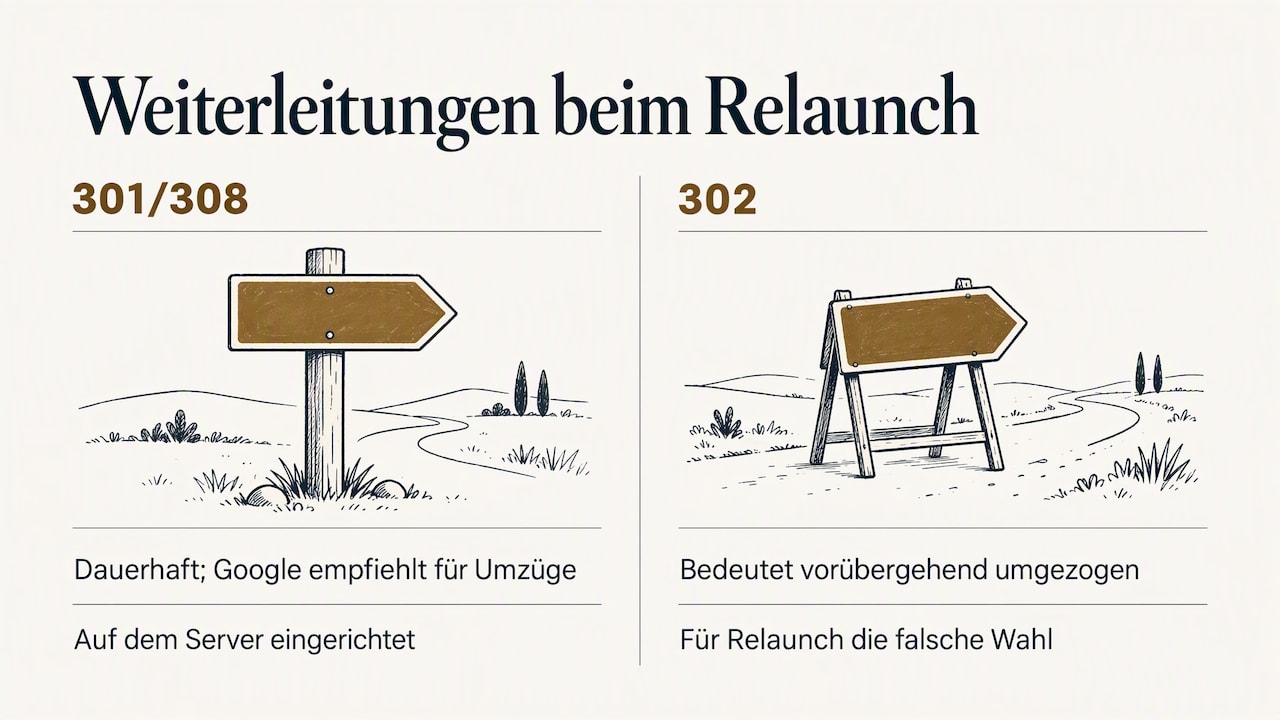 Weiterleitungen beim Relaunch: 301 und 308 sind dauerhaft, von Google für Umzüge empfohlen und werden auf dem Server eingerichtet. 302 bedeutet vorübergehend umgezogen und ist für einen Relaunch die falsche Wahl
