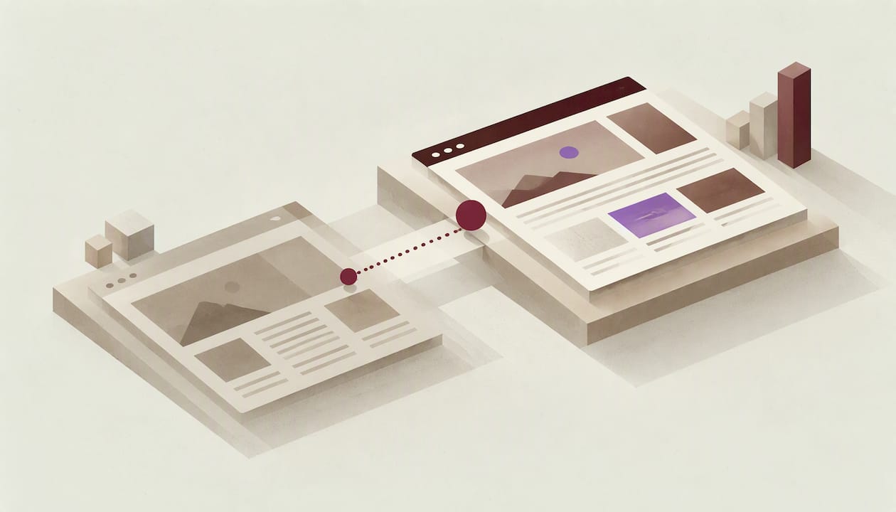 Isometrische Illustration: Eine alte Website-Ebene ist über eine gepunktete Linie mit einer neuen, höheren Ebene verbunden, daneben steigende Balken