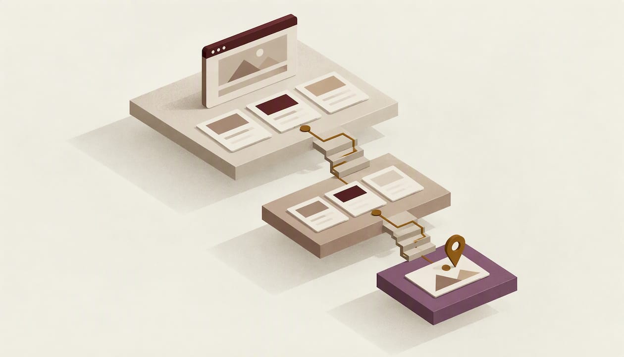 Isometrische Illustration: drei Ebenen einer Website, über Treppen verbunden, von der Startseite bis zur Zielseite mit Ortsmarke